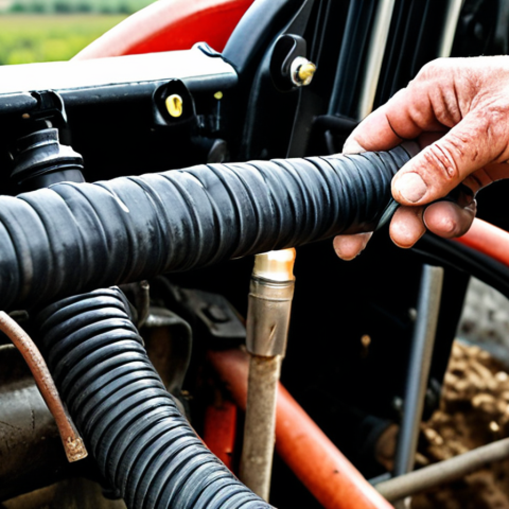 **

A farmer performing a detailed visual inspection of a tractor engine, focusing on a cracked hydraulic hose. Close-up shot, realistic style, showcasing the importance of preventative maintenance. Italian countryside background.

**