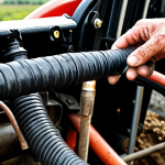 **

A farmer performing a detailed visual inspection of a tractor engine, focusing on a cracked hydraulic hose. Close-up shot, realistic style, showcasing the importance of preventative maintenance. Italian countryside background.

**