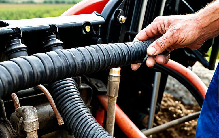 **

A farmer performing a detailed visual inspection of a tractor engine, focusing on a cracked hydraulic hose. Close-up shot, realistic style, showcasing the importance of preventative maintenance. Italian countryside background.

**