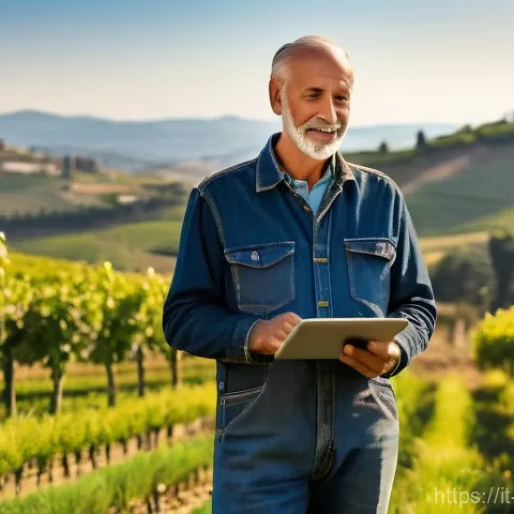 농업기술과 토양 관리 실습 사례 - **Prompt: "An Italian farmer, dressed in practical work overalls and sturdy boots, stands in a vast,...