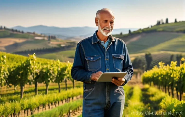 농업기술과 토양 관리 실습 사례 - **Prompt: "An Italian farmer, dressed in practical work overalls and sturdy boots, stands in a vast,...