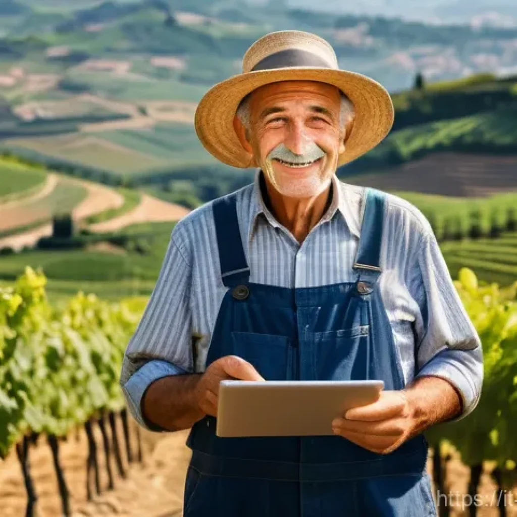 농업기술과 하우스 재배 기술 - A wise, elderly Italian farmer with a weathered but joyful face, wearing traditional, modest work ov...