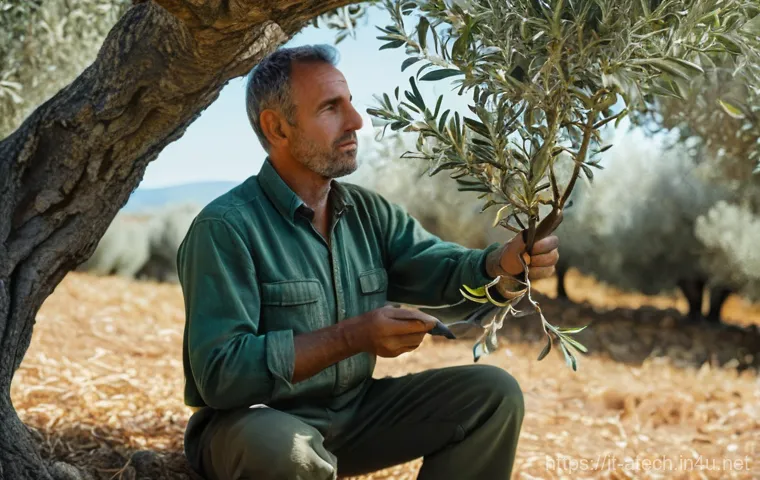 농업기술자의 하루 일과 - **"A dedicated agricultural technician, a man in his 40s with a keen eye and a thoughtful expression...