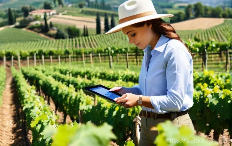 농업기술자의 하루 일과 - **"A dedicated agricultural technician, a man in his 40s with a keen eye and a thoughtful expression...