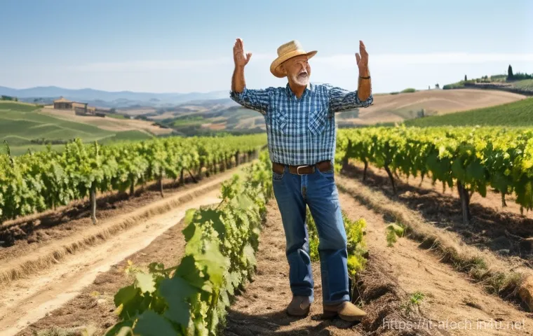 농업기술 실습 중 흔히 하는 실수 - **"A frustrated middle-aged Italian farmer, dressed in worn but clean work clothes (jeans, plaid shi...