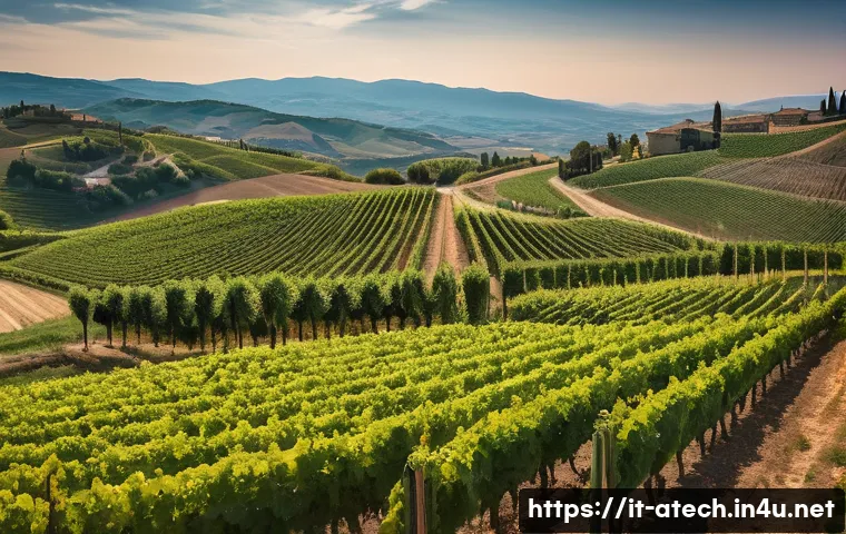 농업기술과 친환경 농업 실천 사례 - **Prompt: "An inspiring wide-angle shot of a modern Italian vineyard in Tuscany, showcasing the harm...