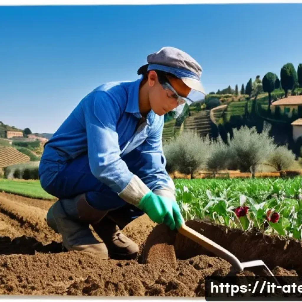 농업기술 실기 시험 준비법 - A detailed outdoor agricultural training scene in a sunny Italian countryside, showing a young adult...