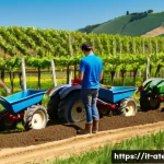농업기술 실기 시험 합격 비결 - A group of diverse young adults practicing agricultural techniques in a sunny Italian field, wearing...