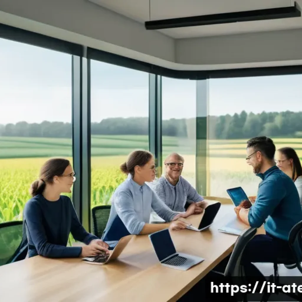 농업기술자의 직무 만족도 높이는 법 - A vibrant, modern agricultural workspace showing a diverse group of agronomists engaged in an open d...