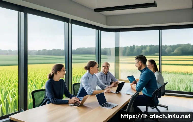 농업기술자의 직무 만족도 높이는 법 - A vibrant, modern agricultural workspace showing a diverse group of agronomists engaged in an open d...