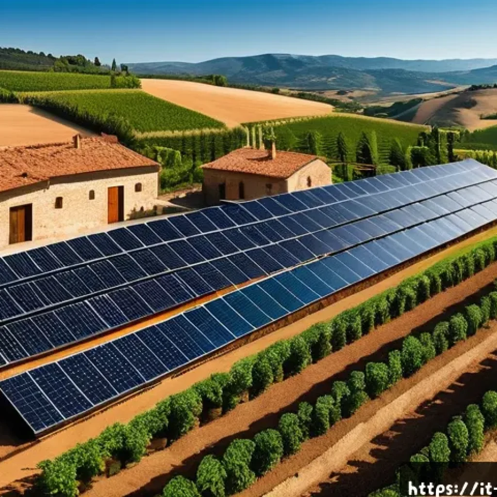 농업기술과 대체 에너지 활용 사례 - A picturesque Tuscan farm featuring rows of strawberry and vegetable crops growing under a high, adj...