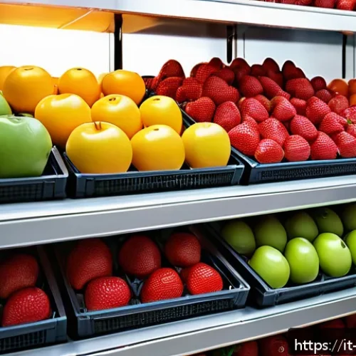 농업기술과 수확 후 관리 실습 - A modern cold storage room interior with advanced refrigeration technology: sleek stainless steel st...
