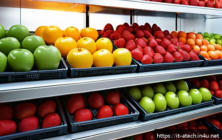 농업기술과 수확 후 관리 실습 - A modern cold storage room interior with advanced refrigeration technology: sleek stainless steel st...