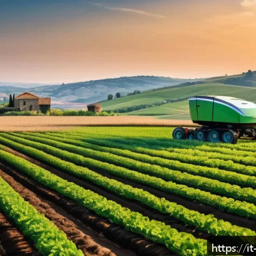 농업기술에서 사용하는 주요 소프트웨어 - A high-tech agricultural field at sunrise featuring autonomous seeding robots planting seeds with mi...
