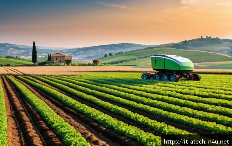 농업기술에서 사용하는 주요 소프트웨어 - A high-tech agricultural field at sunrise featuring autonomous seeding robots planting seeds with mi...