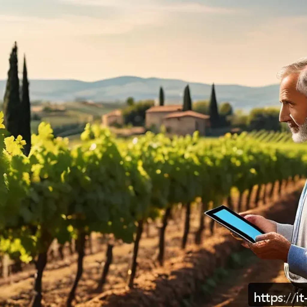농업기술과 현장 컨설팅 스킬 - A modern Italian vineyard equipped with advanced IoT sensors visibly installed in the soil and on pl...