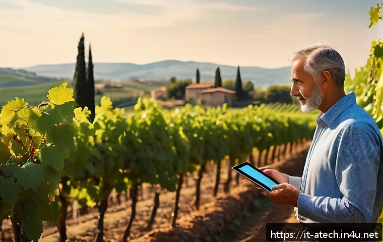 농업기술과 현장 컨설팅 스킬 - A modern Italian vineyard equipped with advanced IoT sensors visibly installed in the soil and on pl...