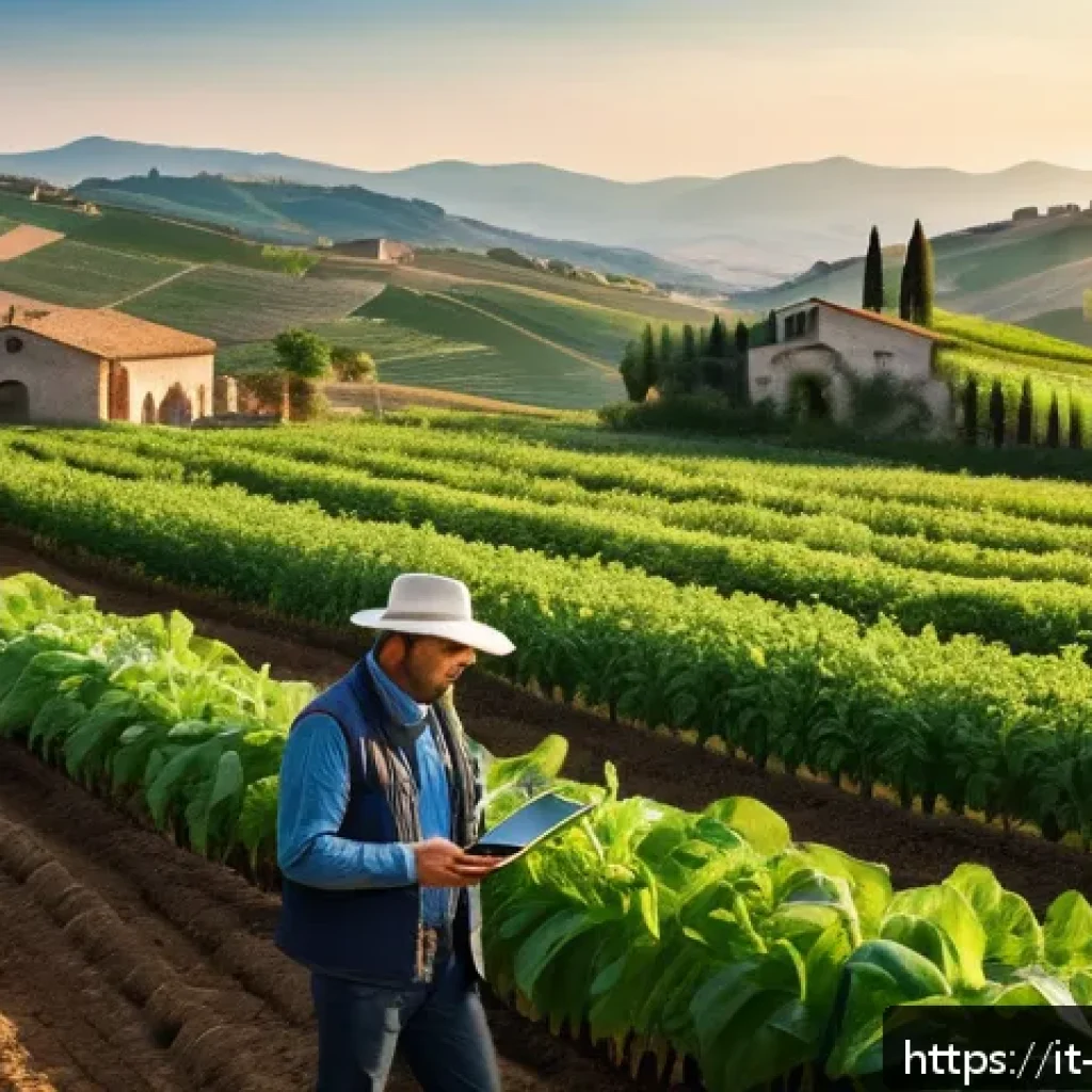 농업기술에서 사용하는 주요 기기 소개 - A modern Italian farm landscape at sunrise, showcasing a wide field of lush green crops with embedde...