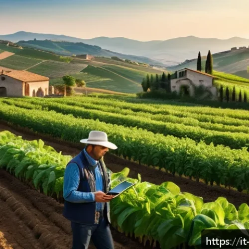 농업기술에서 사용하는 주요 기기 소개 - A modern Italian farm landscape at sunrise, showcasing a wide field of lush green crops with embedde...