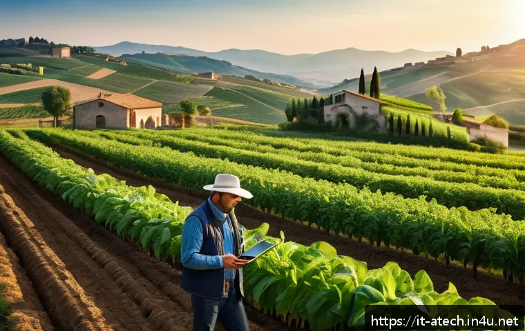 농업기술에서 사용하는 주요 기기 소개 - A modern Italian farm landscape at sunrise, showcasing a wide field of lush green crops with embedde...