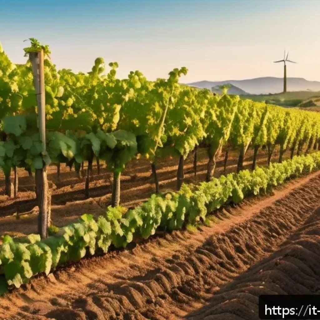 농업기술과 수자원 관리 실습 - A modern Italian vineyard landscape during early morning, showcasing advanced soil sensors inserted ...