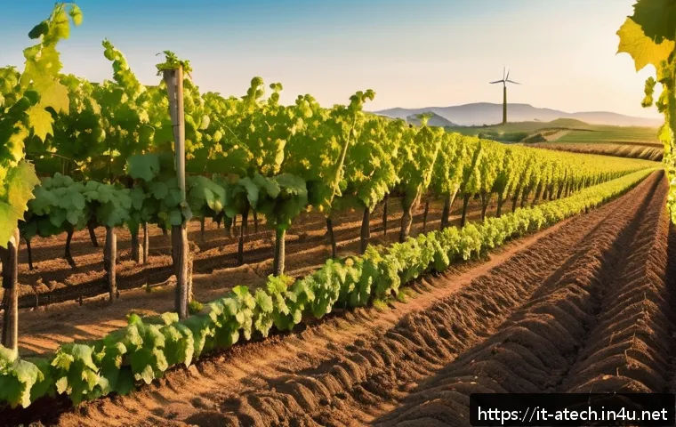 농업기술과 수자원 관리 실습 - A modern Italian vineyard landscape during early morning, showcasing advanced soil sensors inserted ...