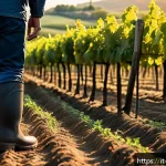 농업기술에서의 문제 해결 사례 - A high-tech Italian vineyard at sunrise, equipped with intelligent soil sensors inserted into the ea...