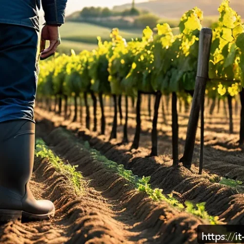 농업기술에서의 문제 해결 사례 - A high-tech Italian vineyard at sunrise, equipped with intelligent soil sensors inserted into the ea...