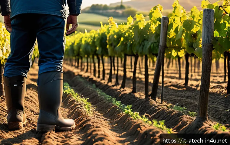 농업기술에서의 문제 해결 사례 - A high-tech Italian vineyard at sunrise, equipped with intelligent soil sensors inserted into the ea...