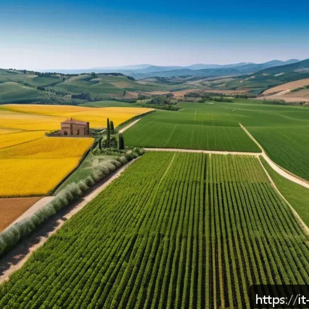 농업기술자의 커뮤니티 활동 사례 - A modern Italian farm landscape featuring advanced agricultural technology: aerial drones flying ove...