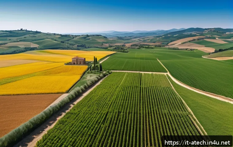 농업기술자의 커뮤니티 활동 사례 - A modern Italian farm landscape featuring advanced agricultural technology: aerial drones flying ove...