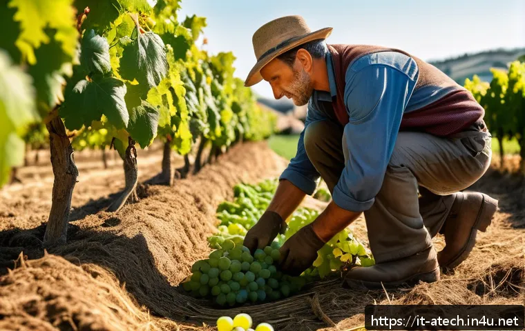 농업기술자 자기소개서 작성법 - A professional agronomist in a traditional Italian farm setting during harvest season, wearing pract...